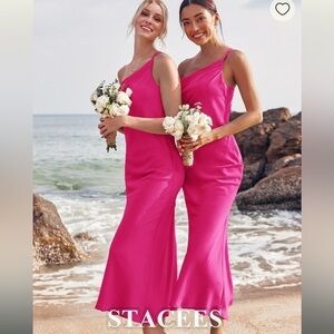 NWOT Stacees | One-Shoulder Sleeveless Tea-Length Stretch Satin Dress Size US4